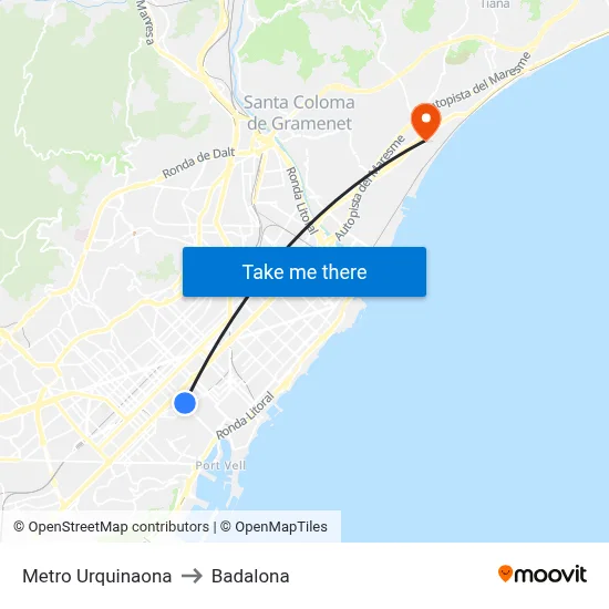 Metro Urquinaona to Badalona map