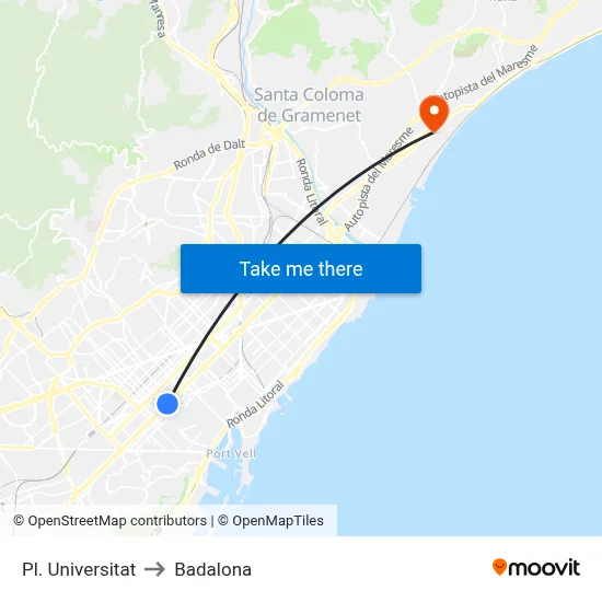Pl. Universitat to Badalona map