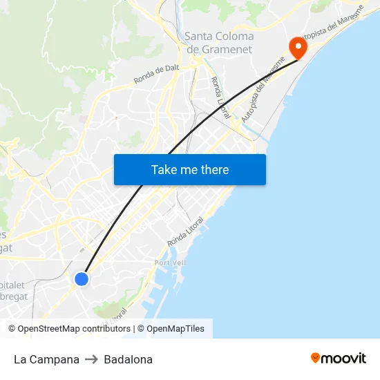 La Campana to Badalona map