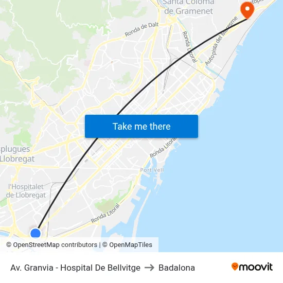 Av. Granvia - Hospital De Bellvitge to Badalona map