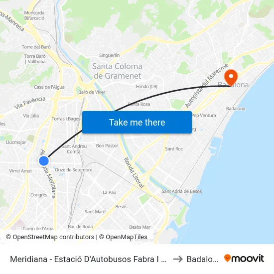 Meridiana - Estació D'Autobusos Fabra I Puig to Badalona map