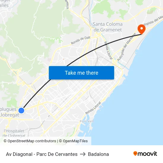 Av Diagonal - Parc De Cervantes to Badalona map