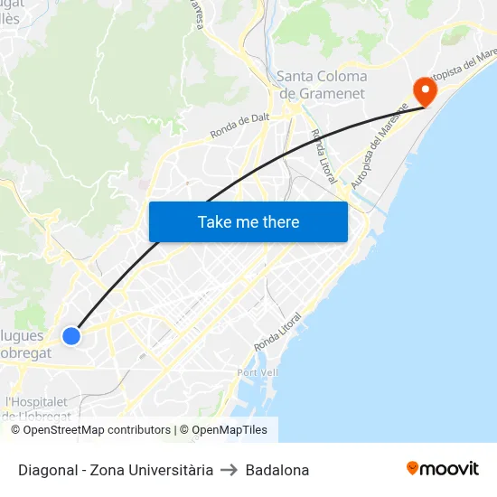 Diagonal - Zona Universitària to Badalona map