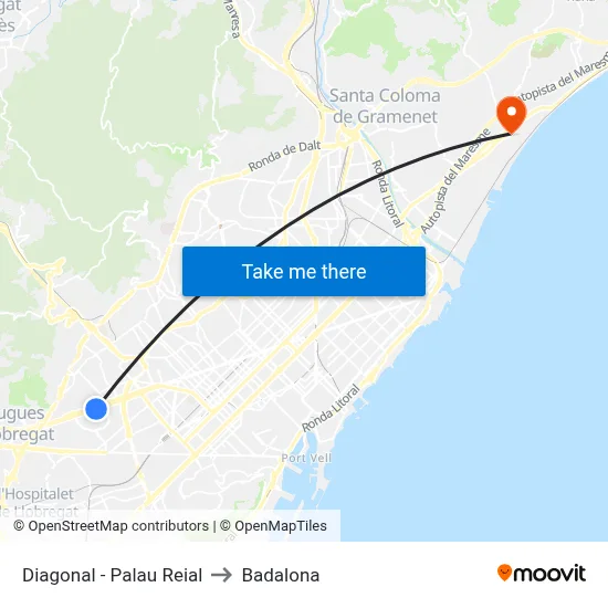 Diagonal - Palau Reial to Badalona map