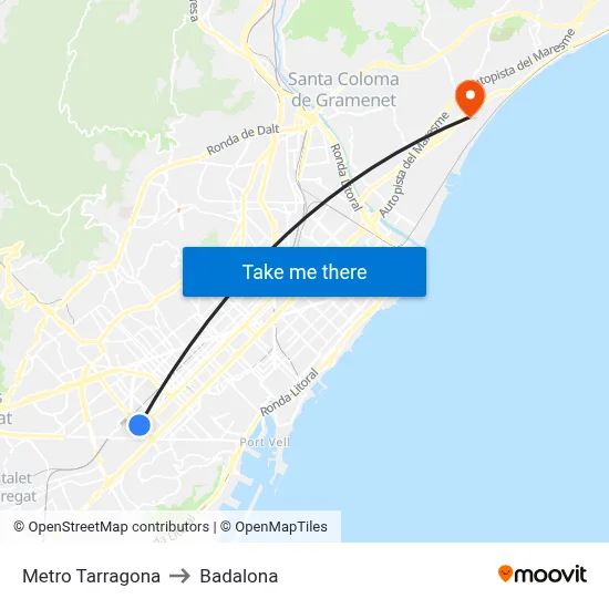 Metro Tarragona to Badalona map