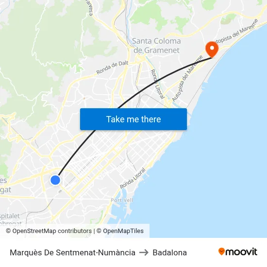 Marquès De Sentmenat-Numància to Badalona map