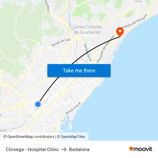 Còrsega - Hospital Clínic to Badalona map