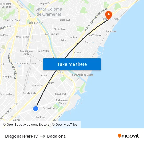 Diagonal-Pere IV to Badalona map