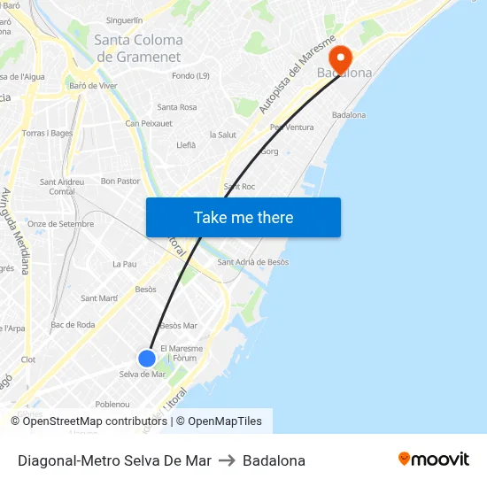Diagonal-Metro Selva De Mar to Badalona map