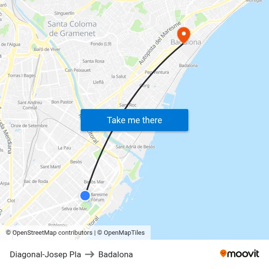 Diagonal-Josep Pla to Badalona map