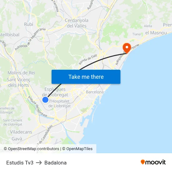 Estudis Tv3 to Badalona map