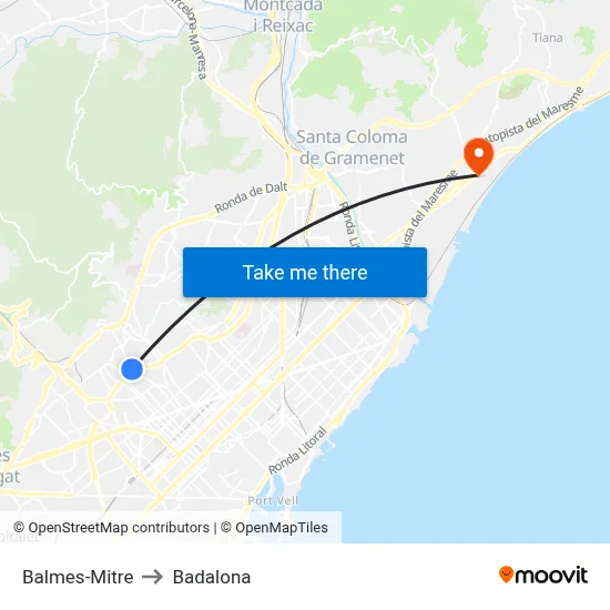Balmes-Mitre to Badalona map