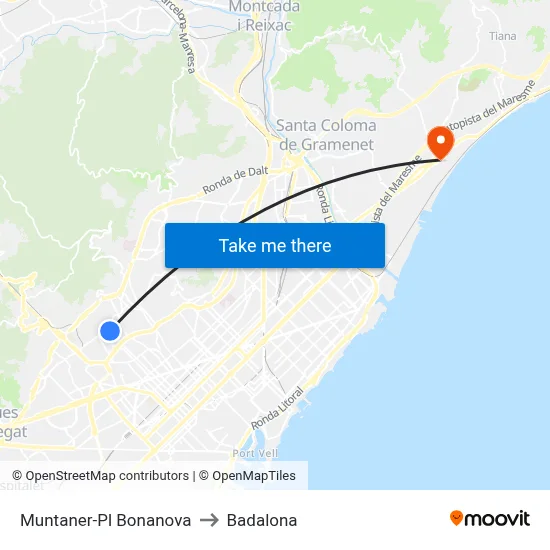 Muntaner-Pl Bonanova to Badalona map
