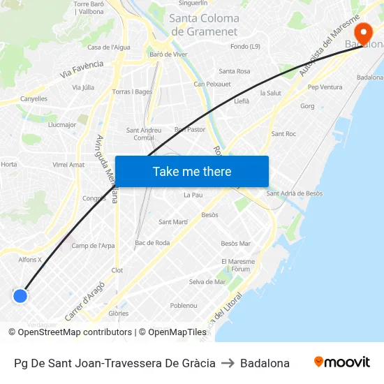 Pg De Sant Joan-Travessera De Gràcia to Badalona map