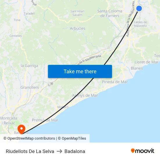 Riudellots De La Selva to Badalona map