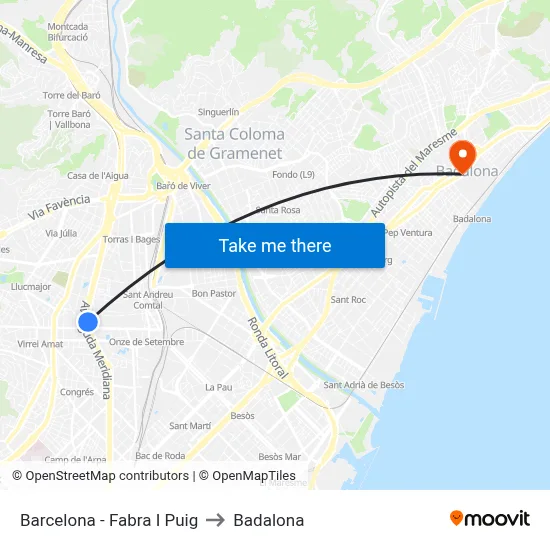 Barcelona - Fabra I Puig to Badalona map