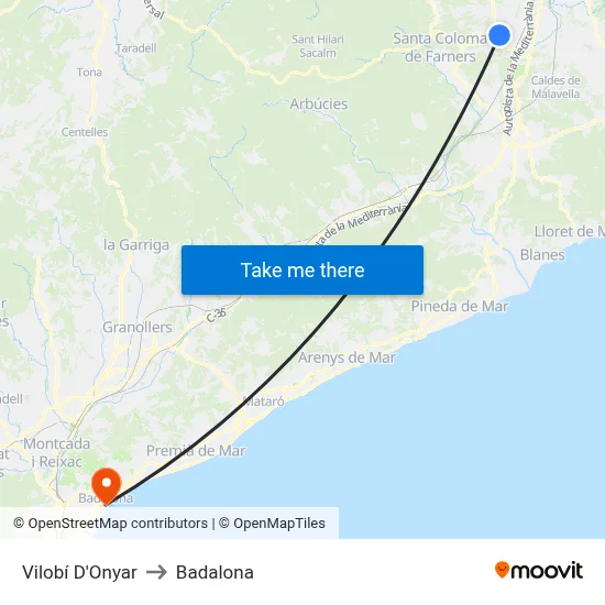 Vilobí D'Onyar to Badalona map