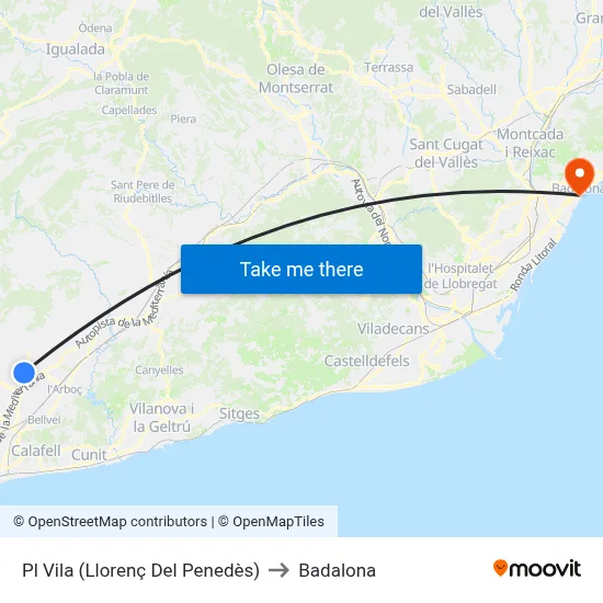Pl Vila (Llorenç Del Penedès) to Badalona map