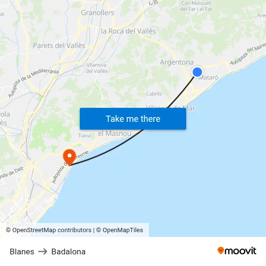 Blanes to Badalona map