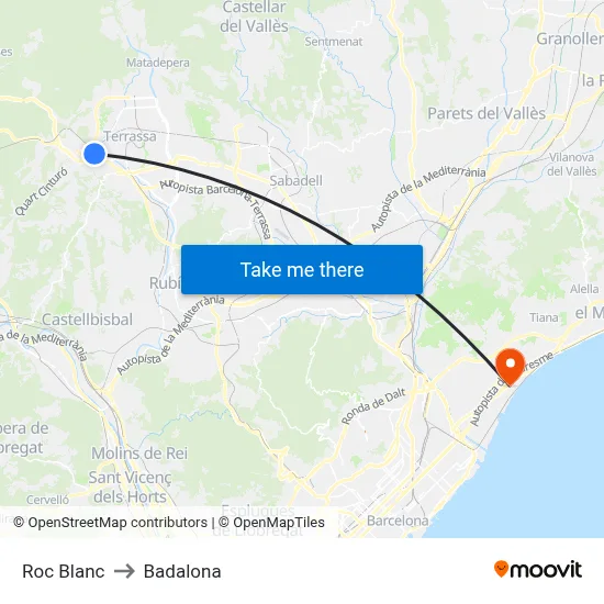 Roc Blanc to Badalona map