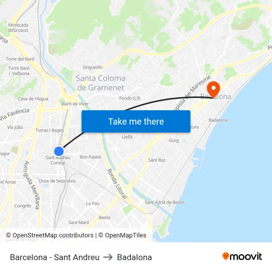 Barcelona - Sant Andreu to Badalona map