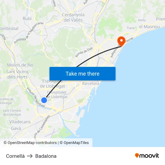 Cornellà to Badalona map