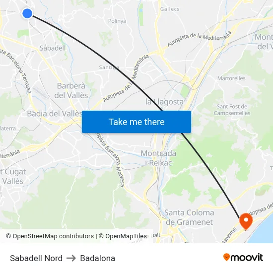 Sabadell Nord to Badalona map