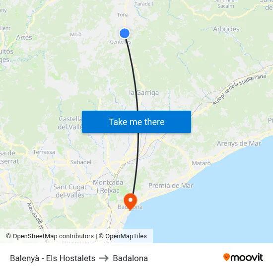 Balenyà - Els Hostalets to Badalona map