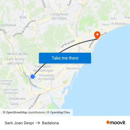 Sant Joan Despí to Badalona map