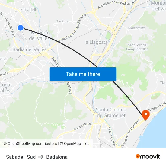 Sabadell Sud to Badalona map