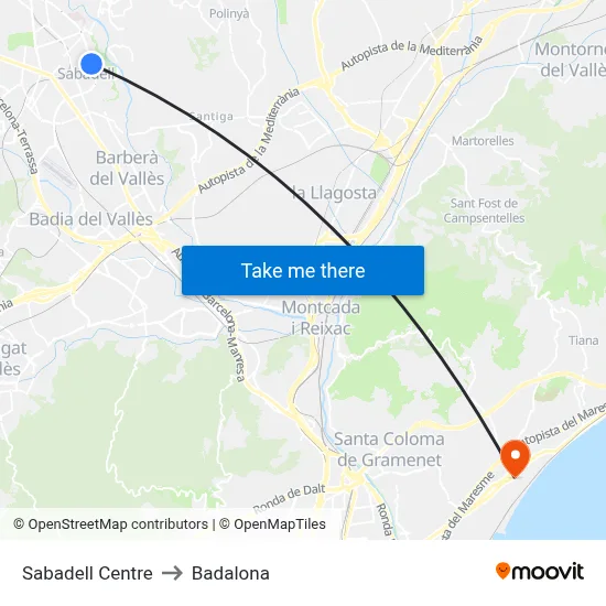 Sabadell Centre to Badalona map