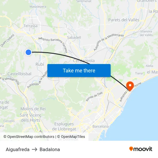 Aiguafreda to Badalona map