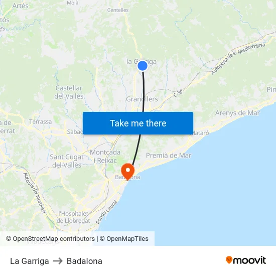 La Garriga to Badalona map