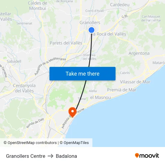 Granollers Centre to Badalona map