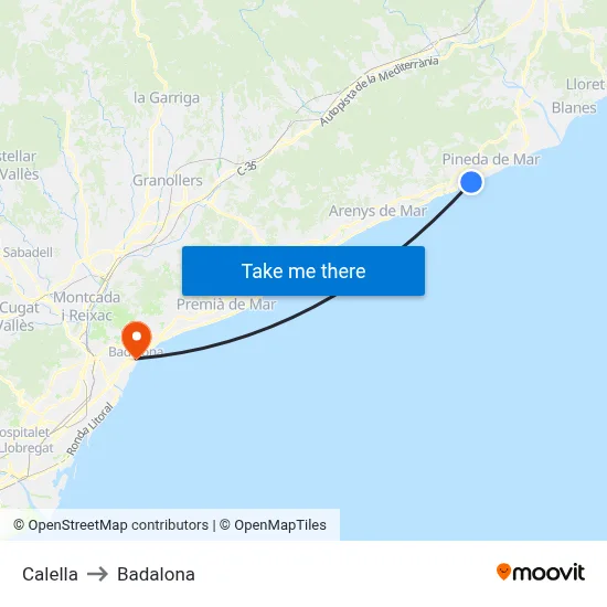 Calella to Badalona map