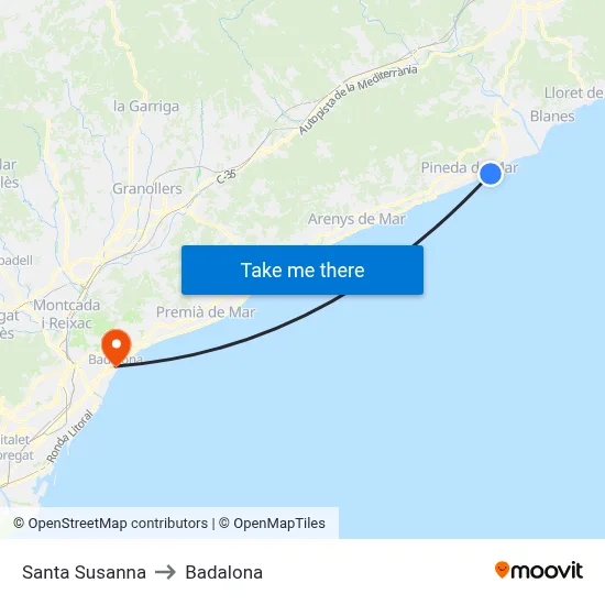 Santa Susanna to Badalona map