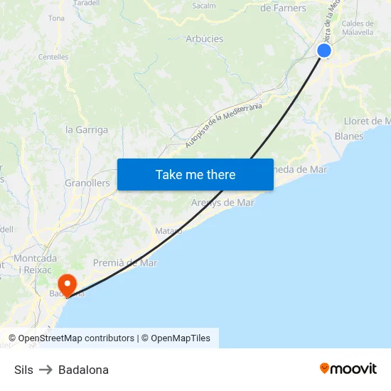 Sils to Badalona map