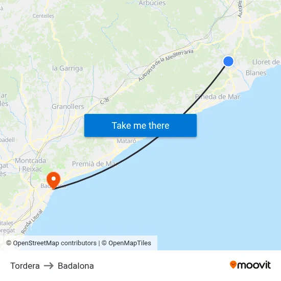 Tordera to Badalona map