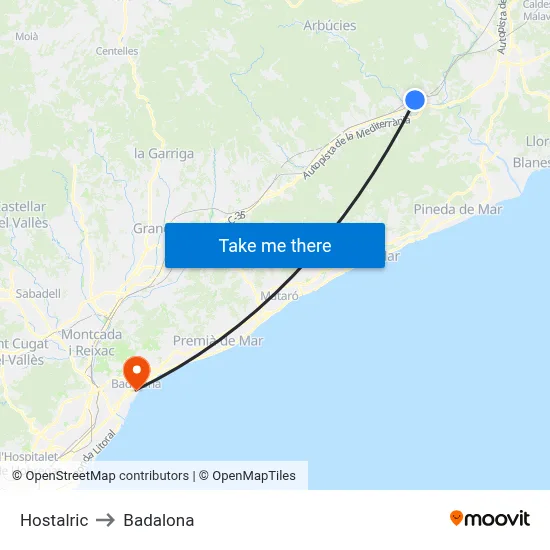 Hostalric to Badalona map