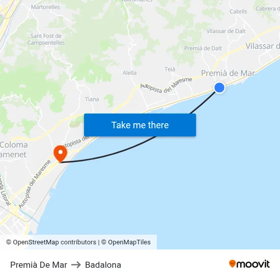 Premià De Mar to Badalona map