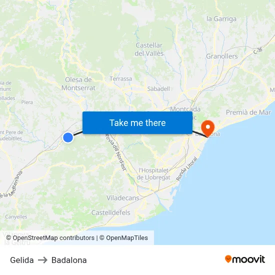 Gelida to Badalona map