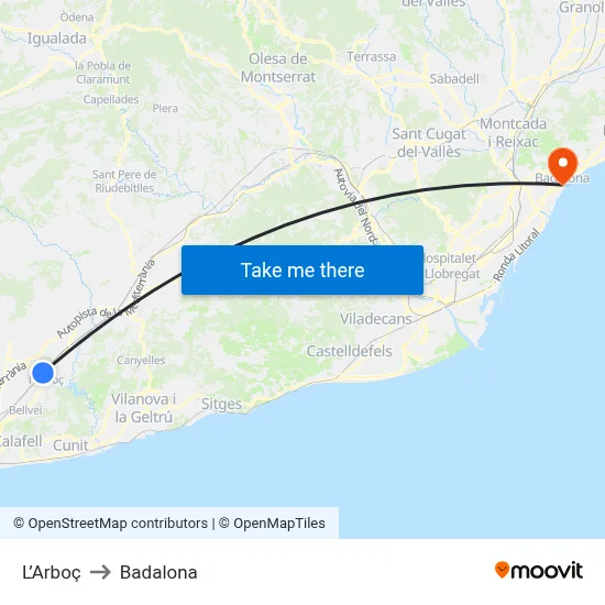 L’Arboç to Badalona map