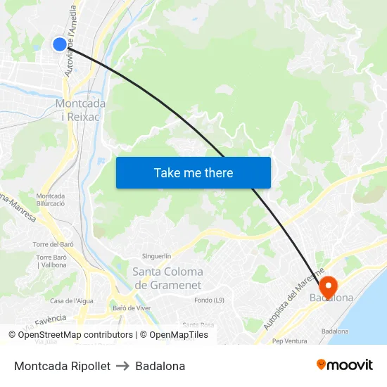Montcada Ripollet to Badalona map