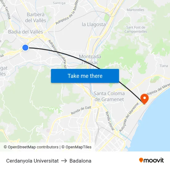 Cerdanyola Universitat to Badalona map