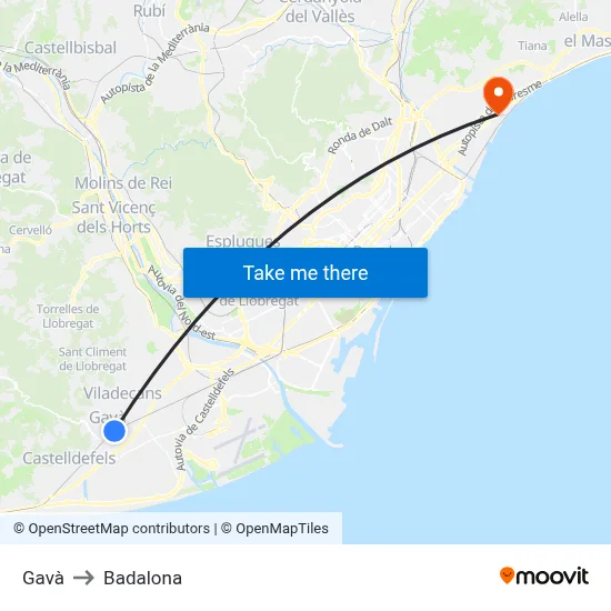 Gavà to Badalona map