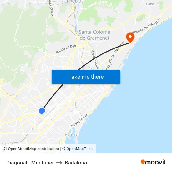 Diagonal - Muntaner to Badalona map
