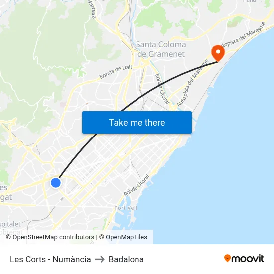 Les Corts - Numància to Badalona map