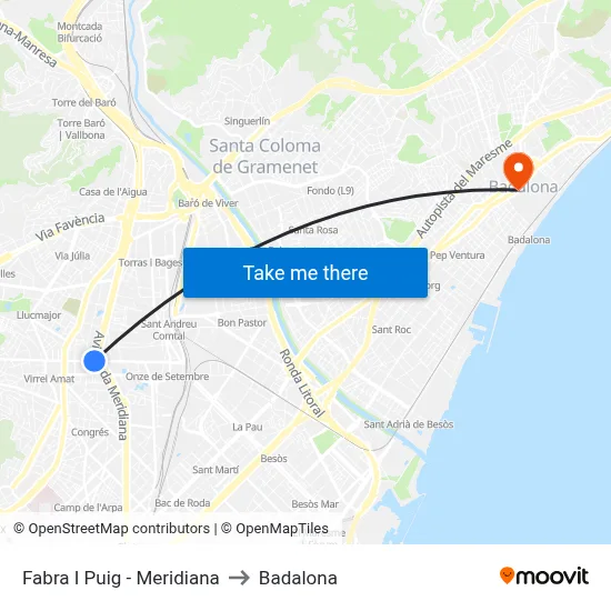 Fabra I Puig - Meridiana to Badalona map