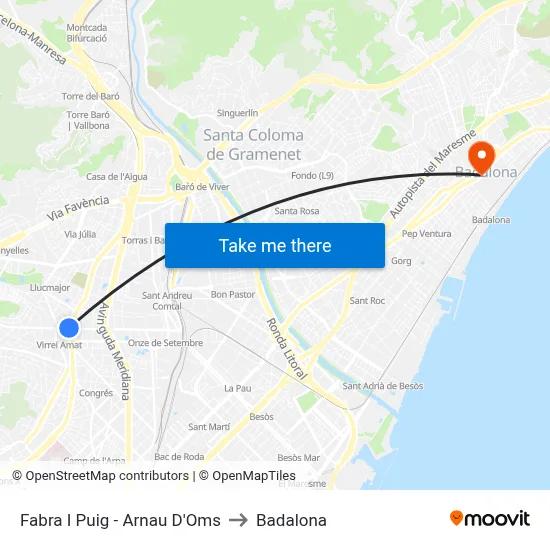 Fabra I Puig - Arnau D'Oms to Badalona map