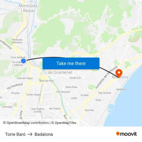 Torre Baró to Badalona map